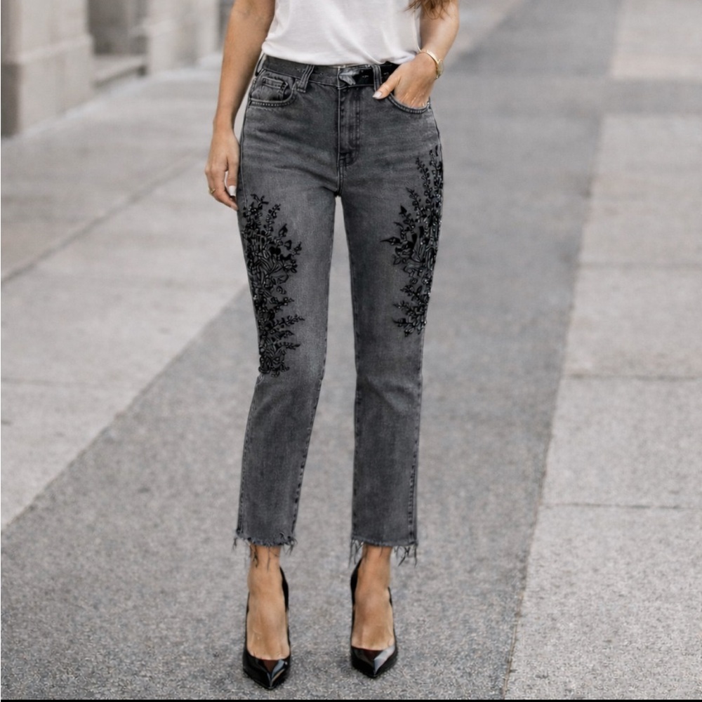We The Free Gray Embroidered Crop Straight Jeans
